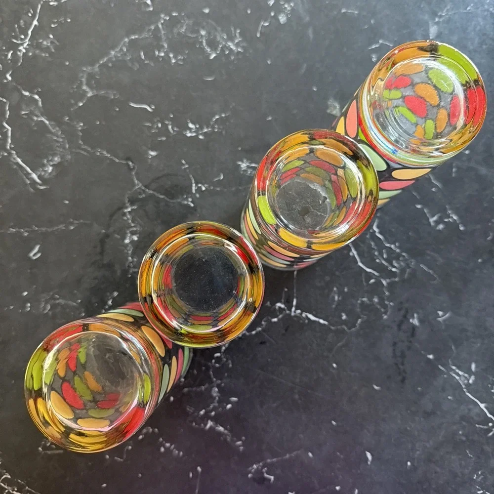 Vintage Set of 4 Mid Century Modern Retro Glasses Red Yellow Green Polka Dot 70s
